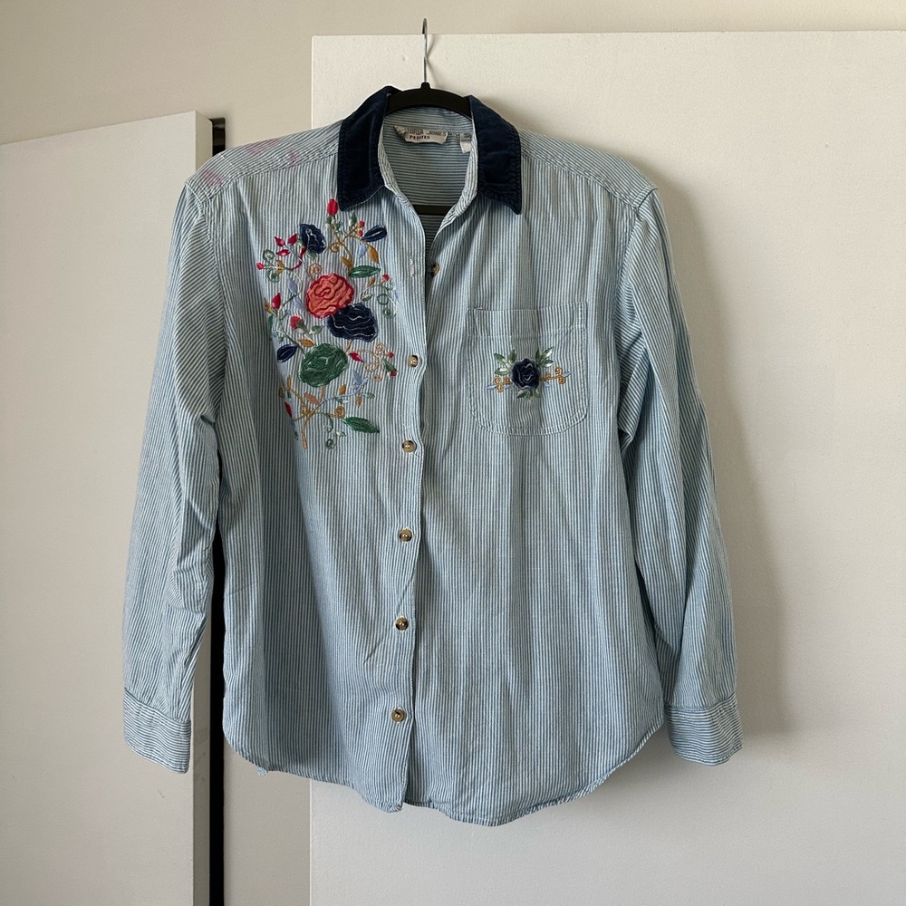 Embroidered Striped Button-Up Shirt
